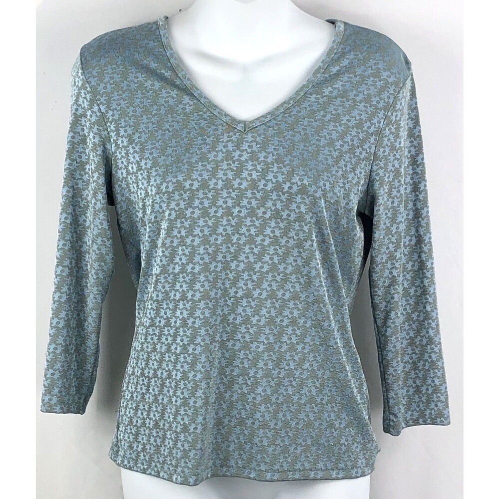 Vintage Pull Over Top M Blue Geo Shimmer V-Neck 3/4 Sleeves Fairy Boho Y2K